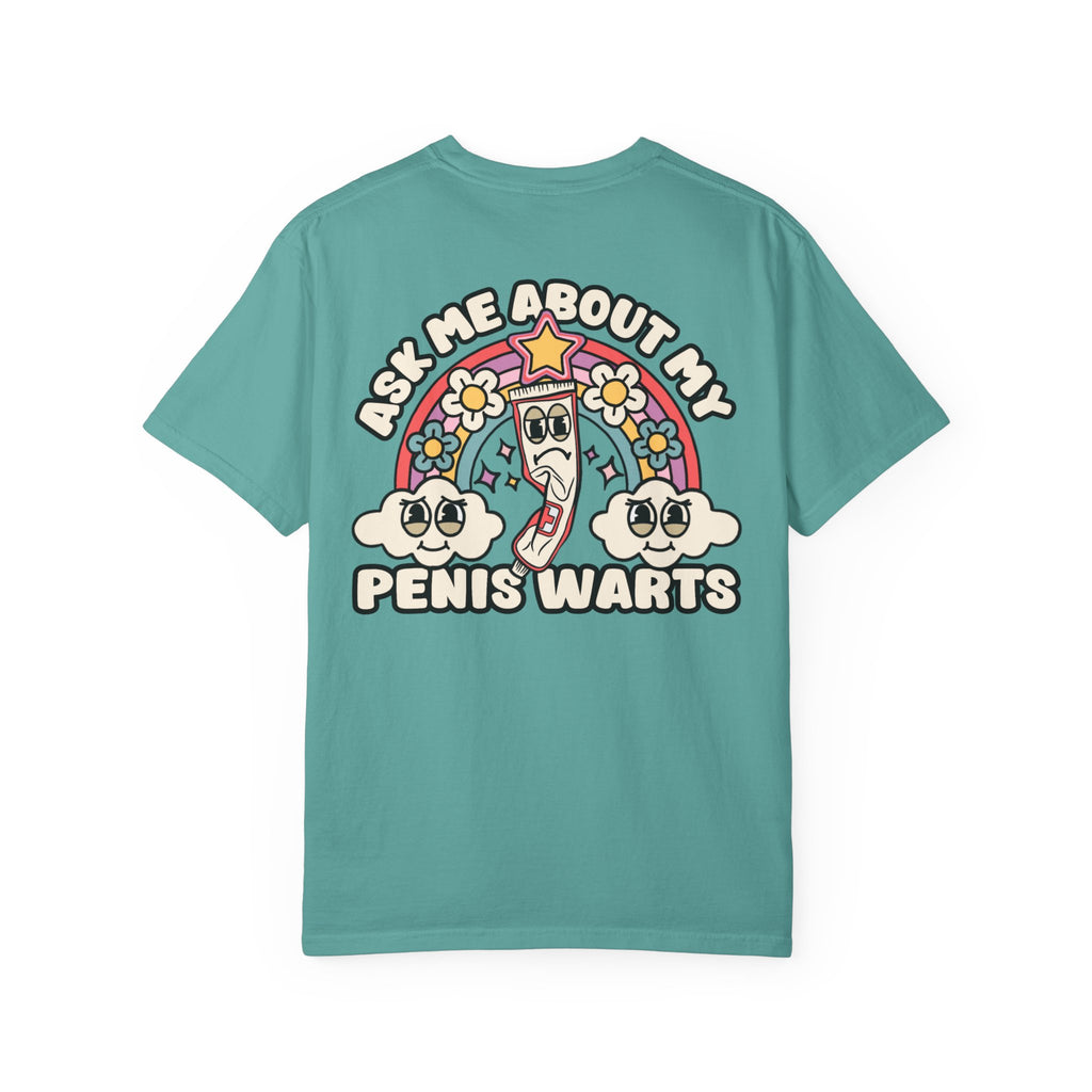 Adult Humor "Ask Me About My Penis Warts" Double-Sided Retro Tee