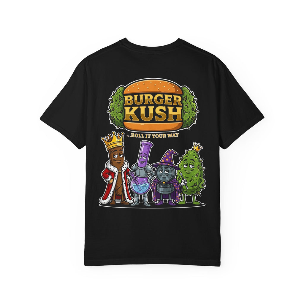 Funny Retro Fast Food Weed Graphic Tee - Burger Kush Stoner Cartoon Mascot Parody Shirt