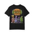 Funny Retro Fast Food Weed Graphic Tee - Burger Kush Stoner Cartoon Mascot Parody Shirt