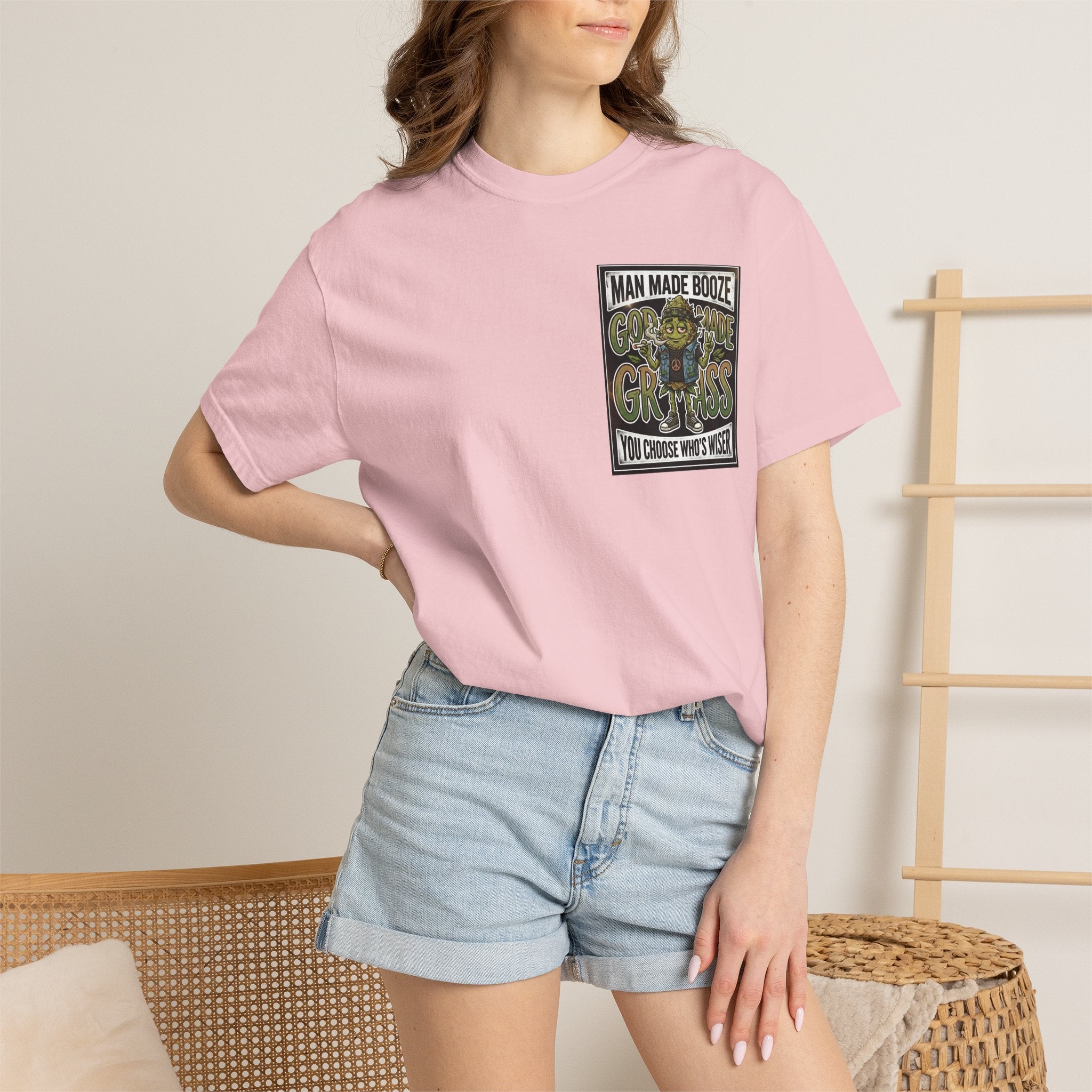 Man Made Booze God Made Grass Retro 1980s Biker Bud Graphic Tee