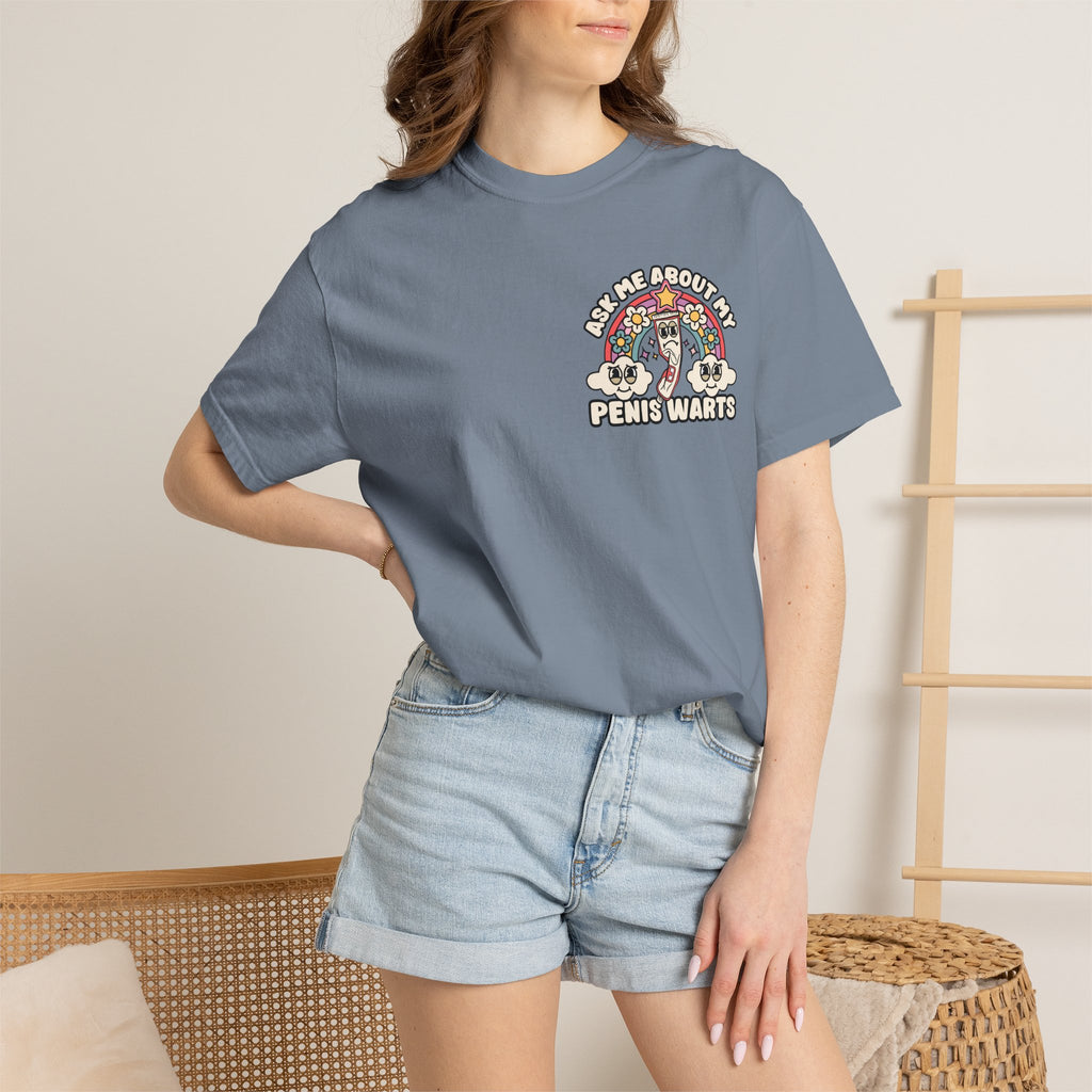 Adult Humor "Ask Me About My Penis Warts" Double-Sided Retro Tee