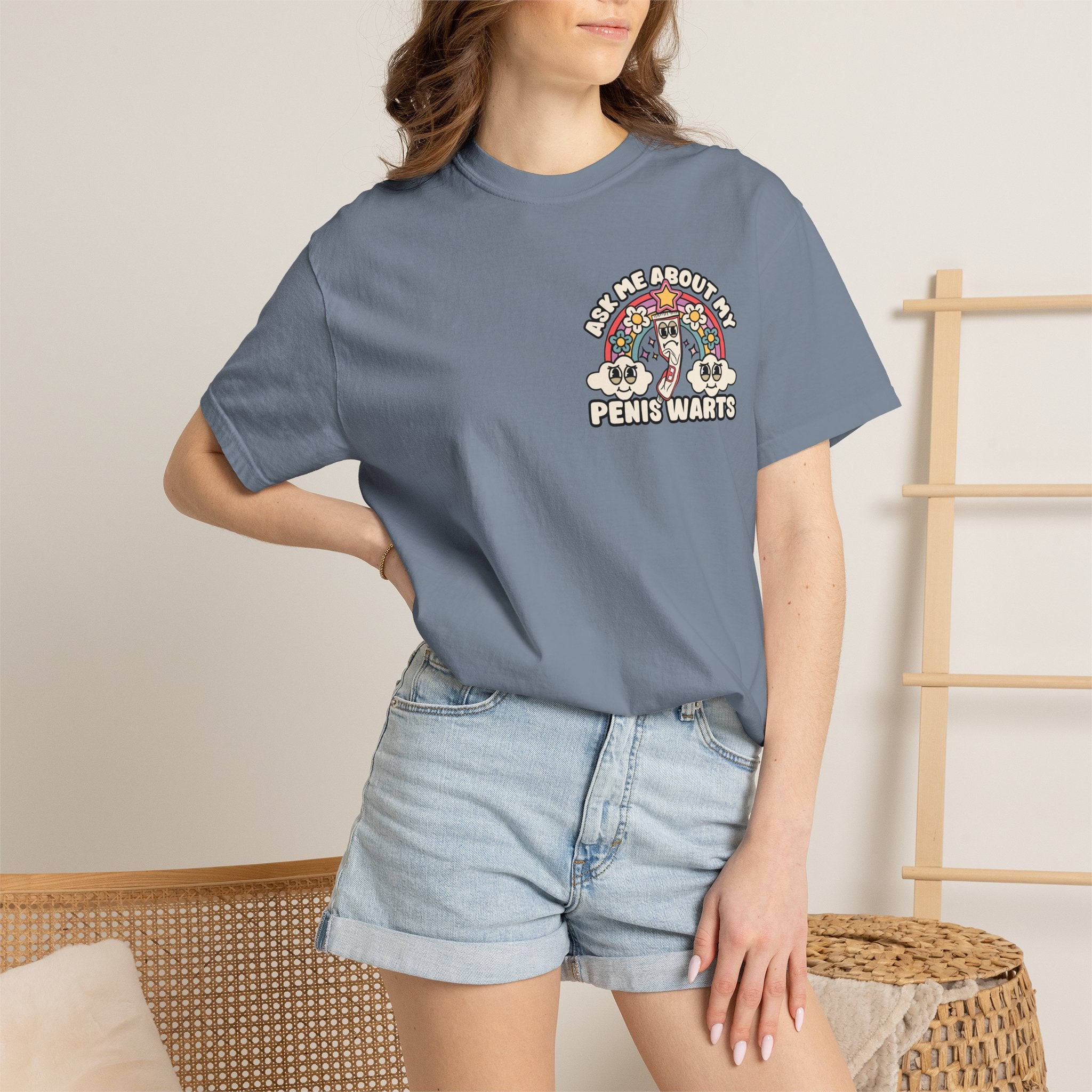 Adult Humor "Ask Me About My Penis Warts" Double-Sided Retro Tee
