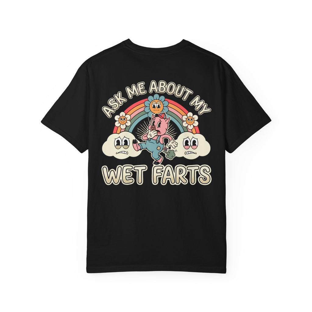 Ask Me About My Wet Farts Retro Graphic Tee - Funny Ironic Cartoon Pig Toilet Humor Shirt