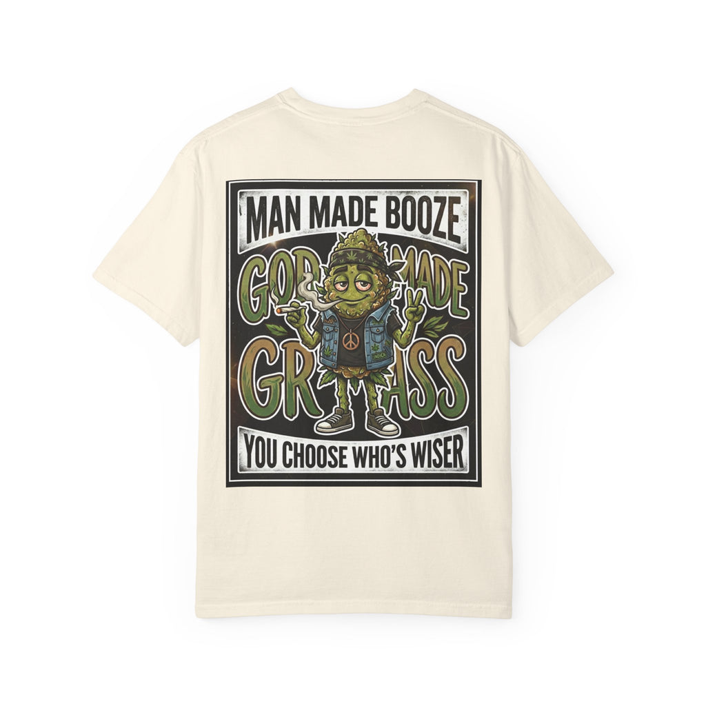 Man Made Booze God Made Grass Retro 1980s Biker Bud Graphic Tee