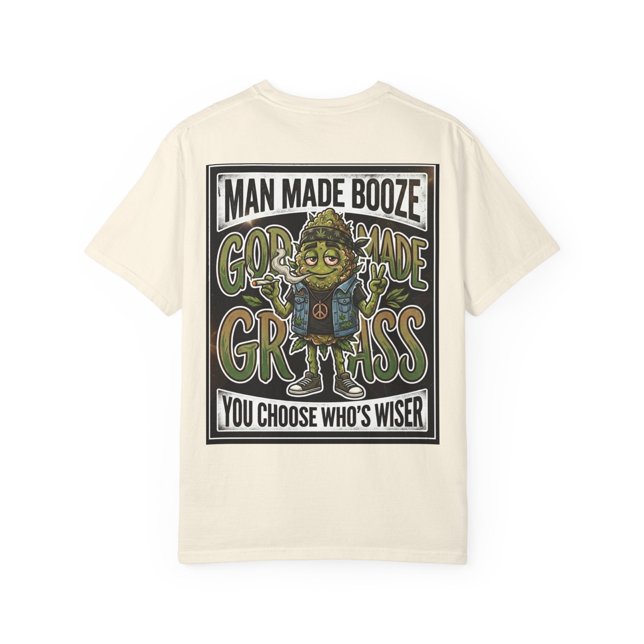 Man Made Booze God Made Grass Retro 1980s Biker Bud Graphic Tee