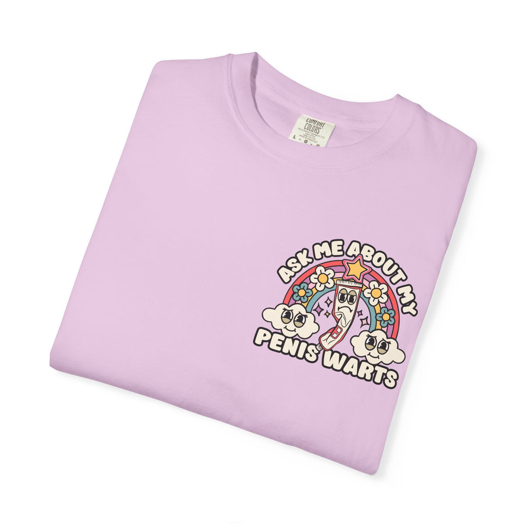 Adult Humor "Ask Me About My Penis Warts" Double-Sided Retro Tee