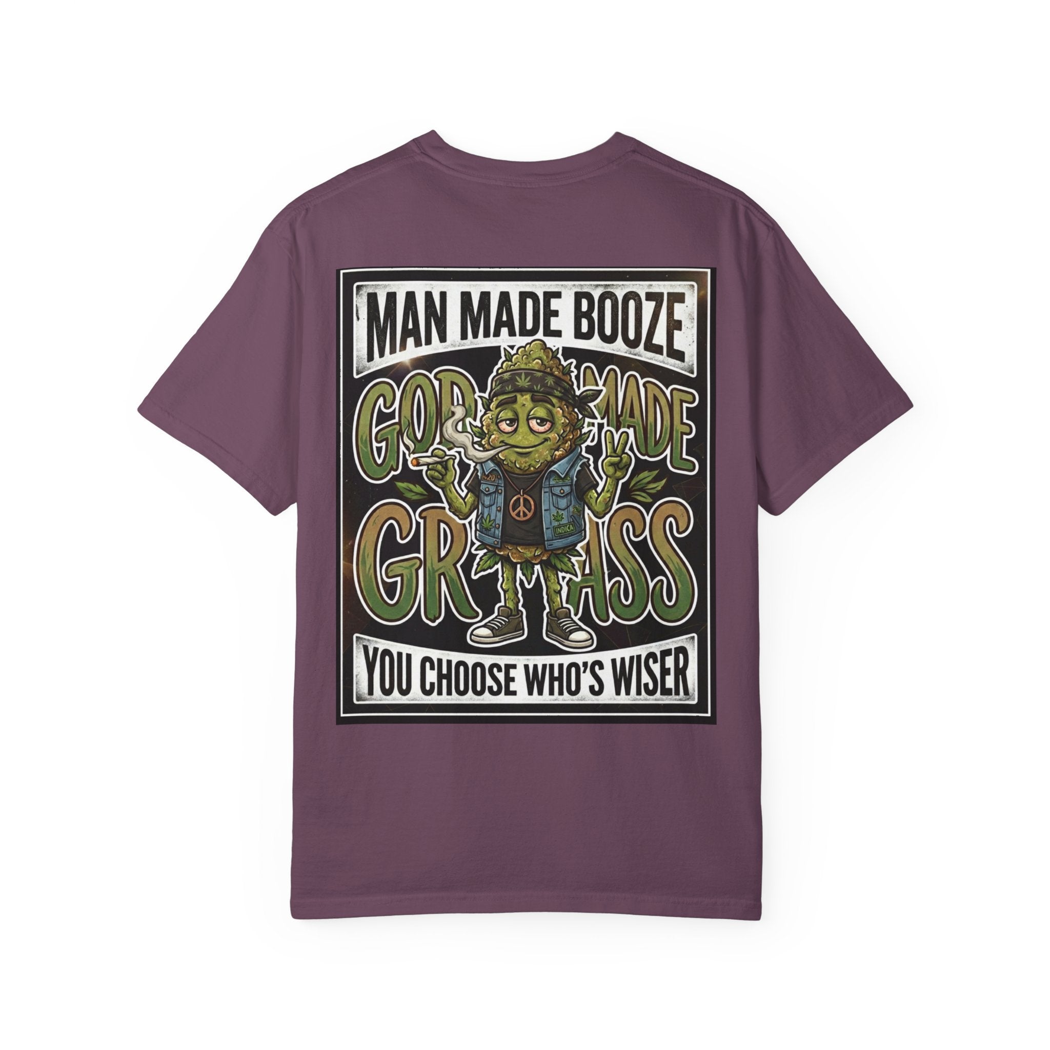 Man Made Booze God Made Grass Retro 1980s Biker Bud Graphic Tee