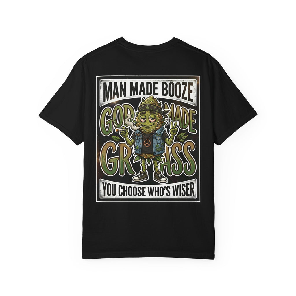 Man Made Booze God Made Grass Retro 1980s Biker Bud Graphic Tee