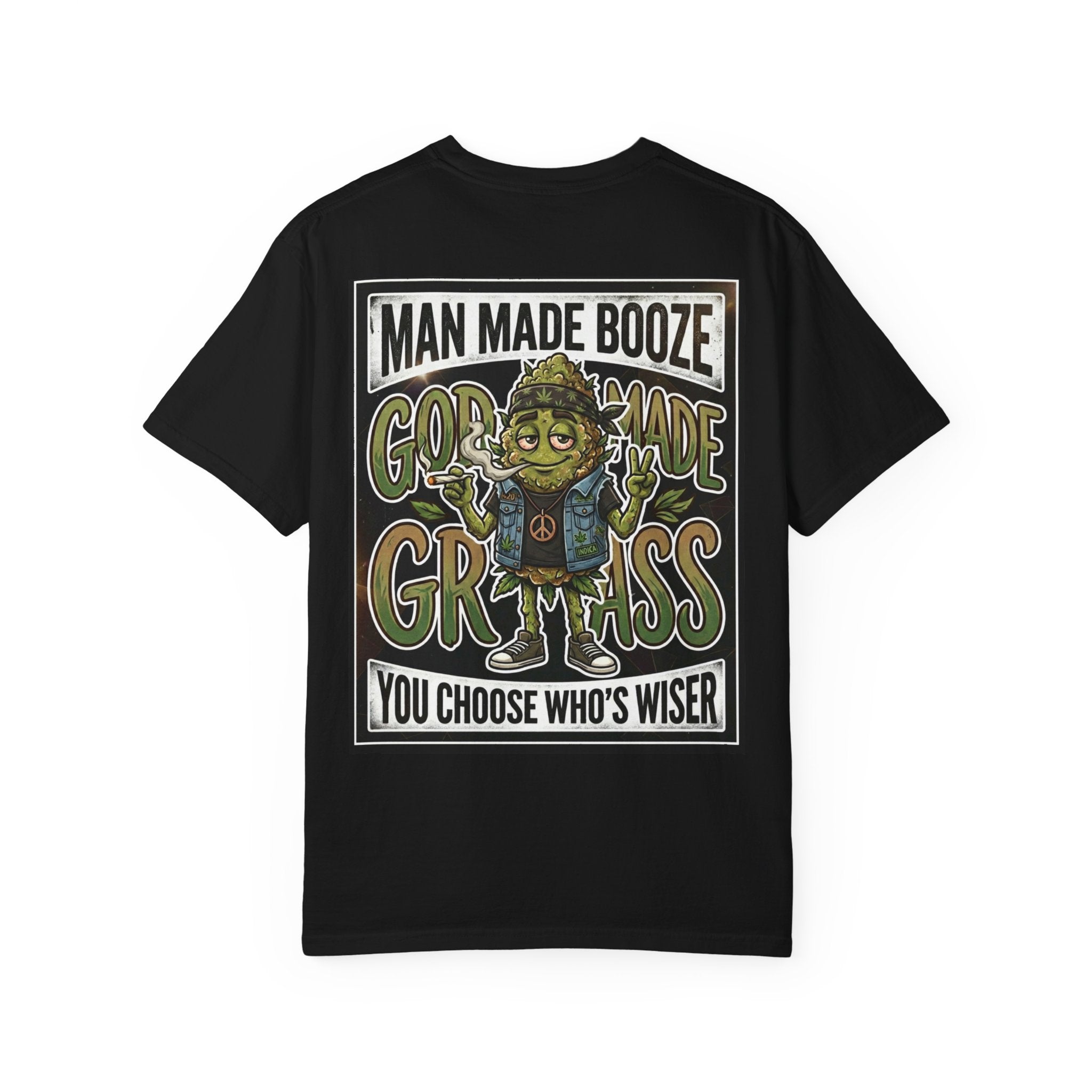 Man Made Booze God Made Grass Retro 1980s Biker Bud Graphic Tee