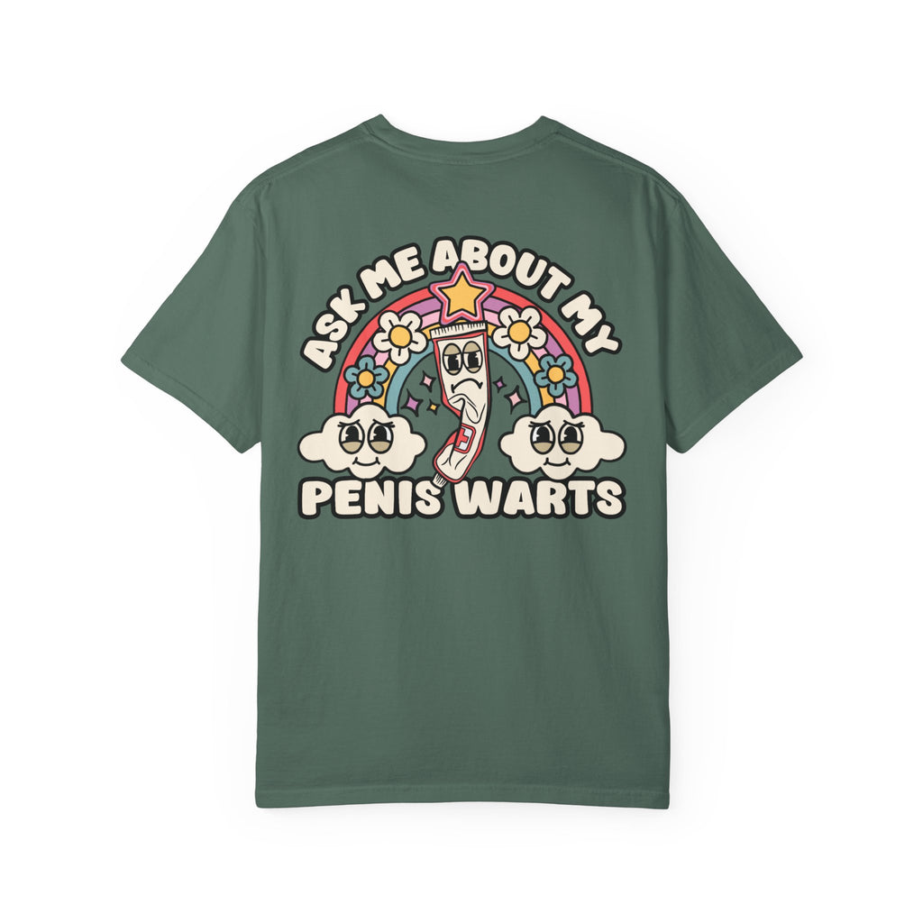 Adult Humor "Ask Me About My Penis Warts" Double-Sided Retro Tee