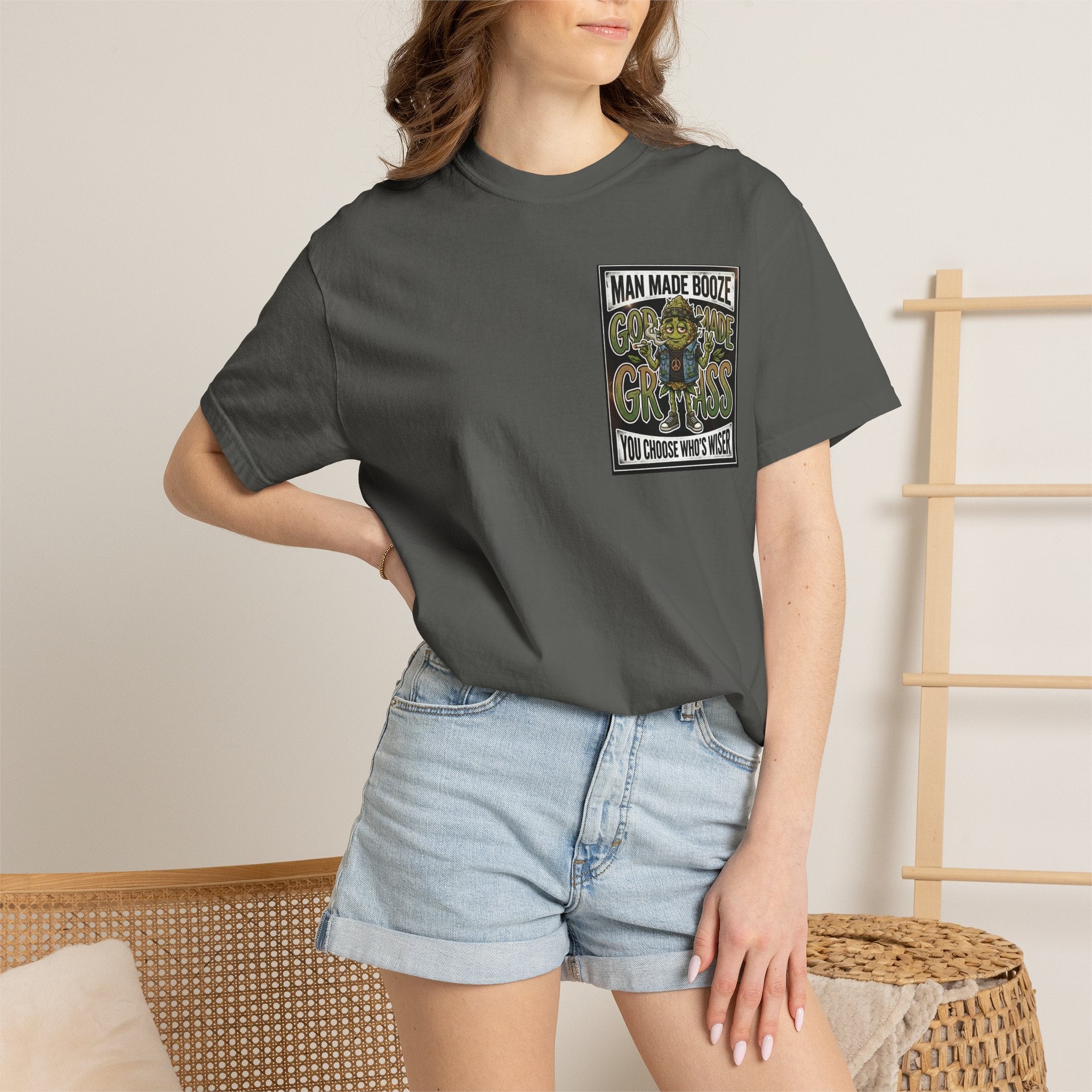 Man Made Booze God Made Grass Retro 1980s Biker Bud Graphic Tee