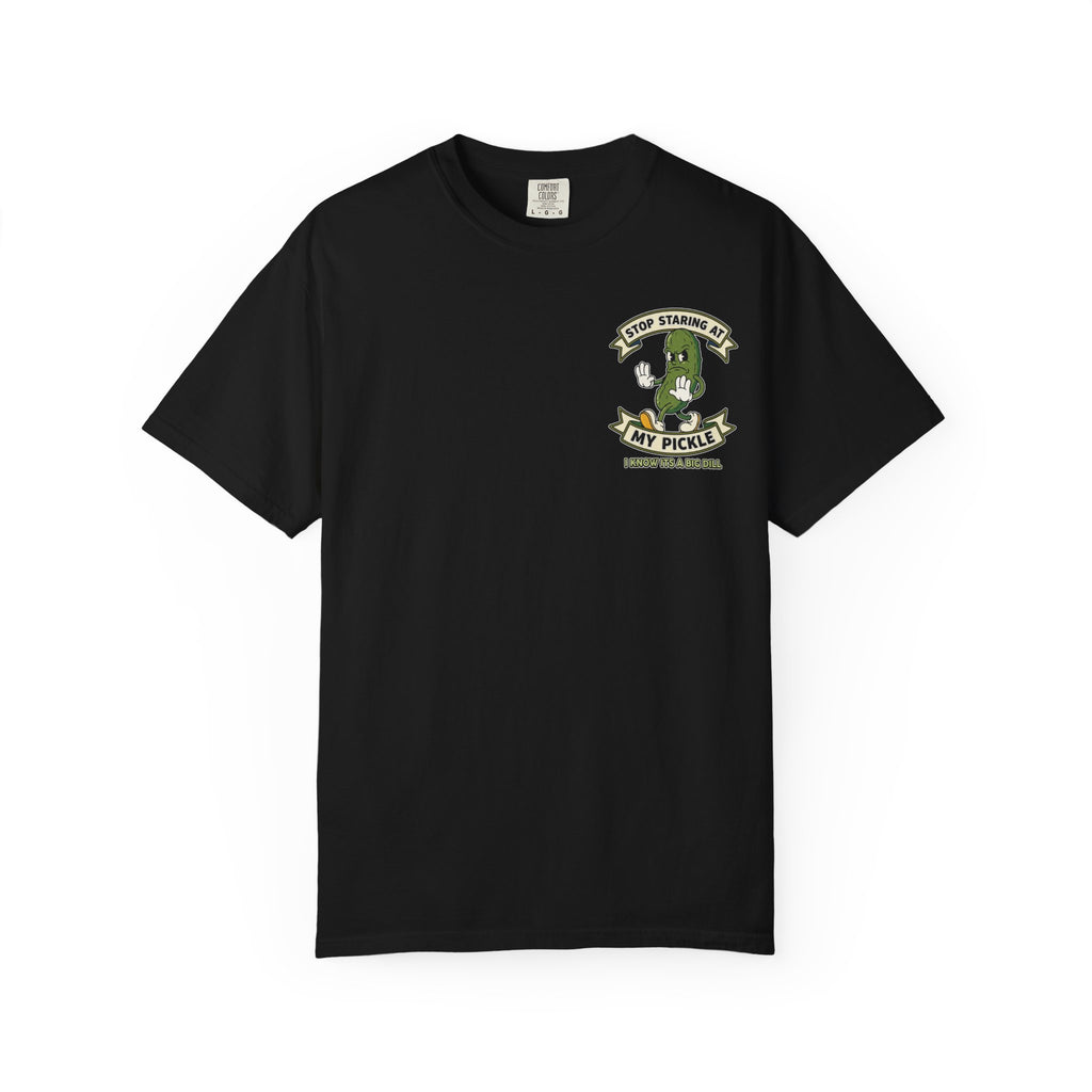 Stop Staring At My Pickle Funny Cartoon Retro Food Pun Big Dill Inappropriate Humor Shirt