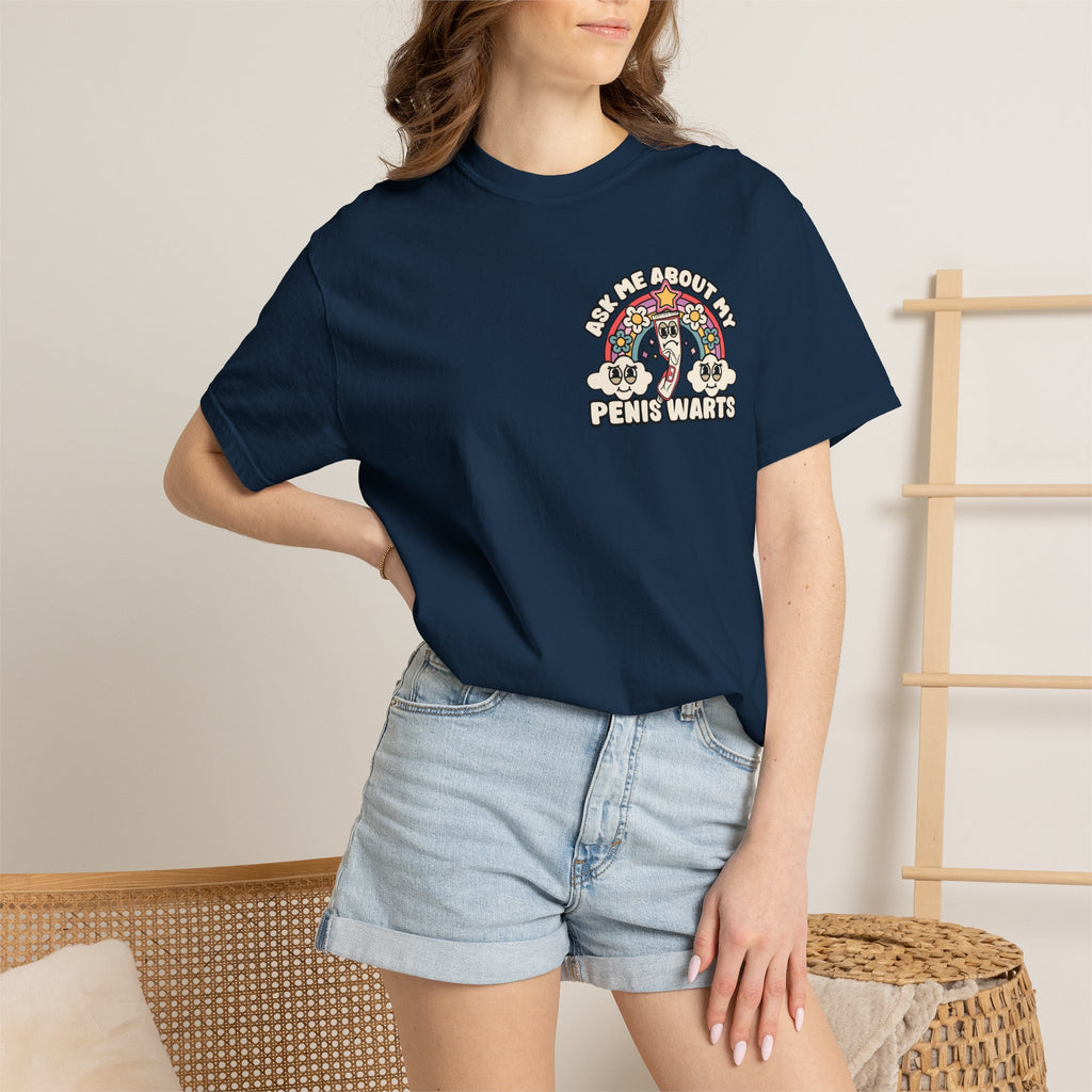 Adult Humor "Ask Me About My Penis Warts" Double-Sided Retro Tee