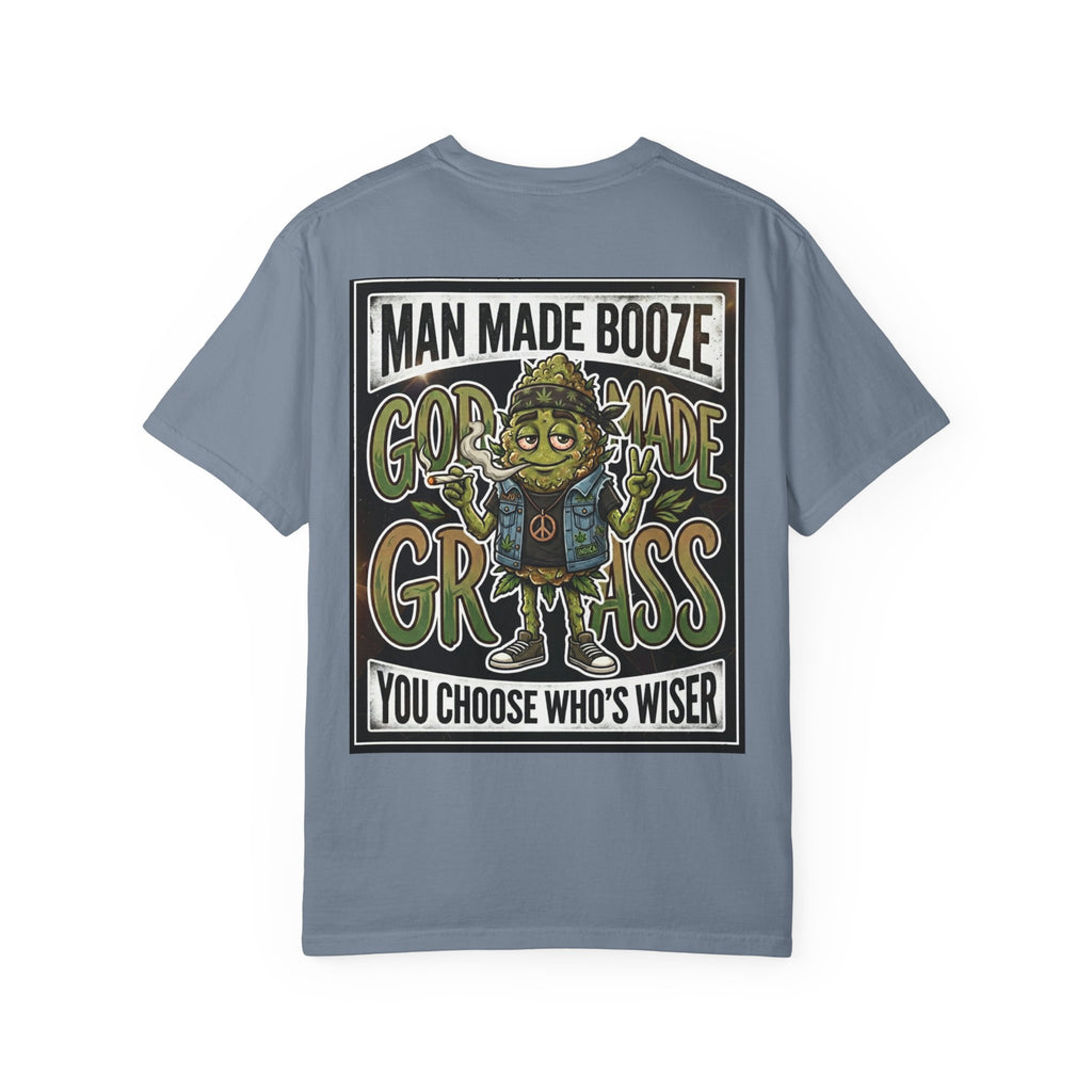 Man Made Booze God Made Grass Retro 1980s Biker Bud Graphic Tee