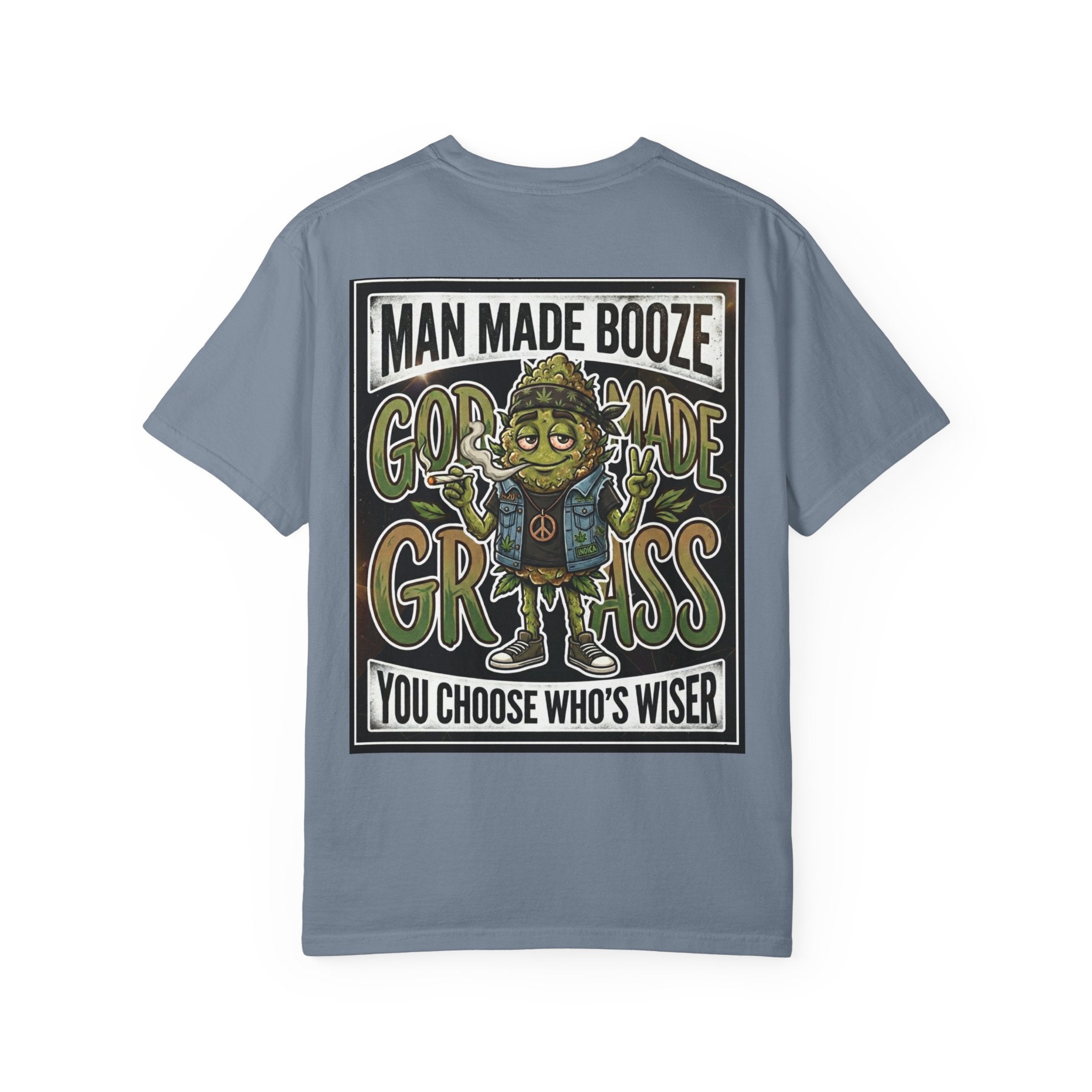 Man Made Booze God Made Grass Retro 1980s Biker Bud Graphic Tee