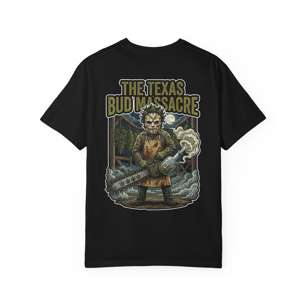 Texas Bud Massacre Chainsaw T-Shirt - Funny Stoner 420 Horror Parody Tee