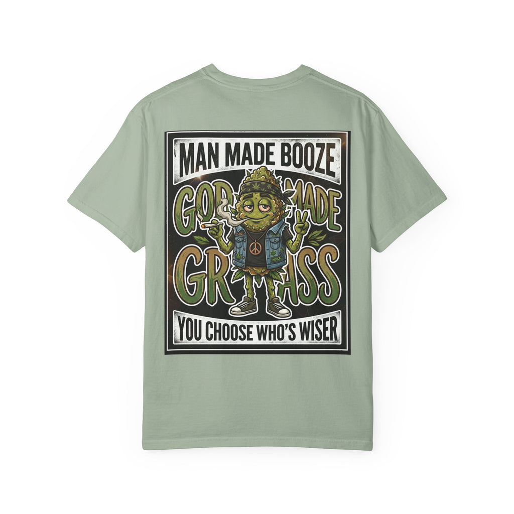 Man Made Booze God Made Grass Retro 1980s Biker Bud Graphic Tee