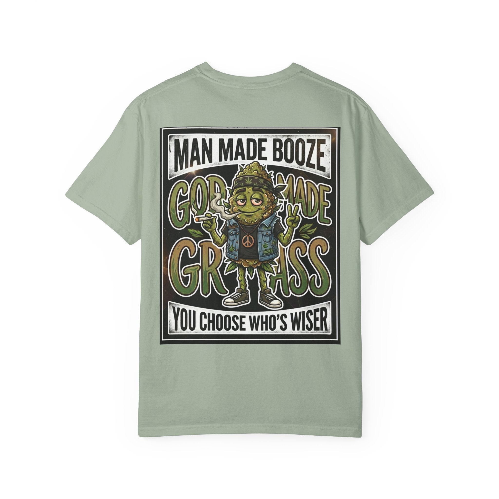 Man Made Booze God Made Grass Retro 1980s Biker Bud Graphic Tee