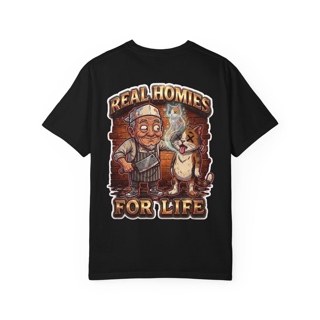 Real Homies For Life Shirt - Funny Butcher Calico Cat Ghost Meat Market Dark Adult Humor Tee