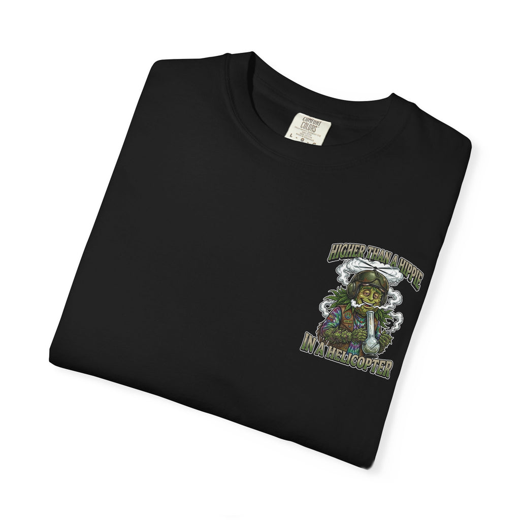 Higher Than A Hippie In A Helicopter Shirt - Vintage Weed Bud Cannabis Marijuana 420 Stoner Tee