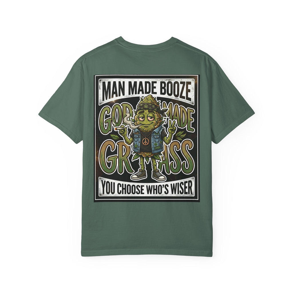 Man Made Booze God Made Grass Retro 1980s Biker Bud Graphic Tee