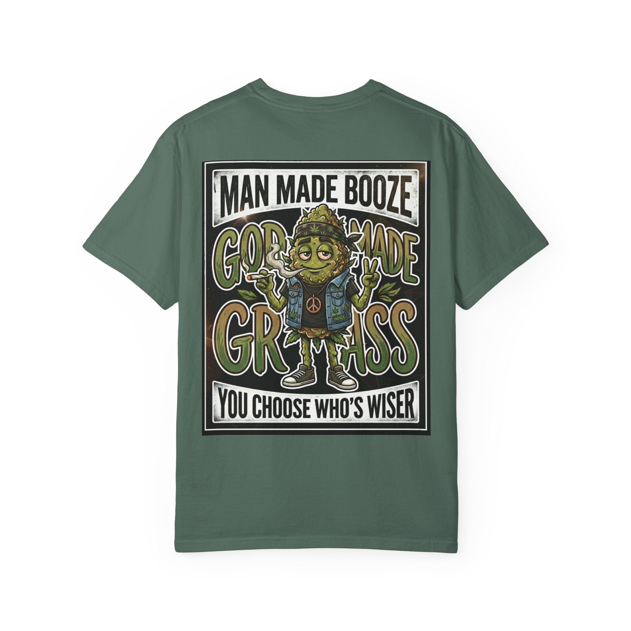 Man Made Booze God Made Grass Retro 1980s Biker Bud Graphic Tee