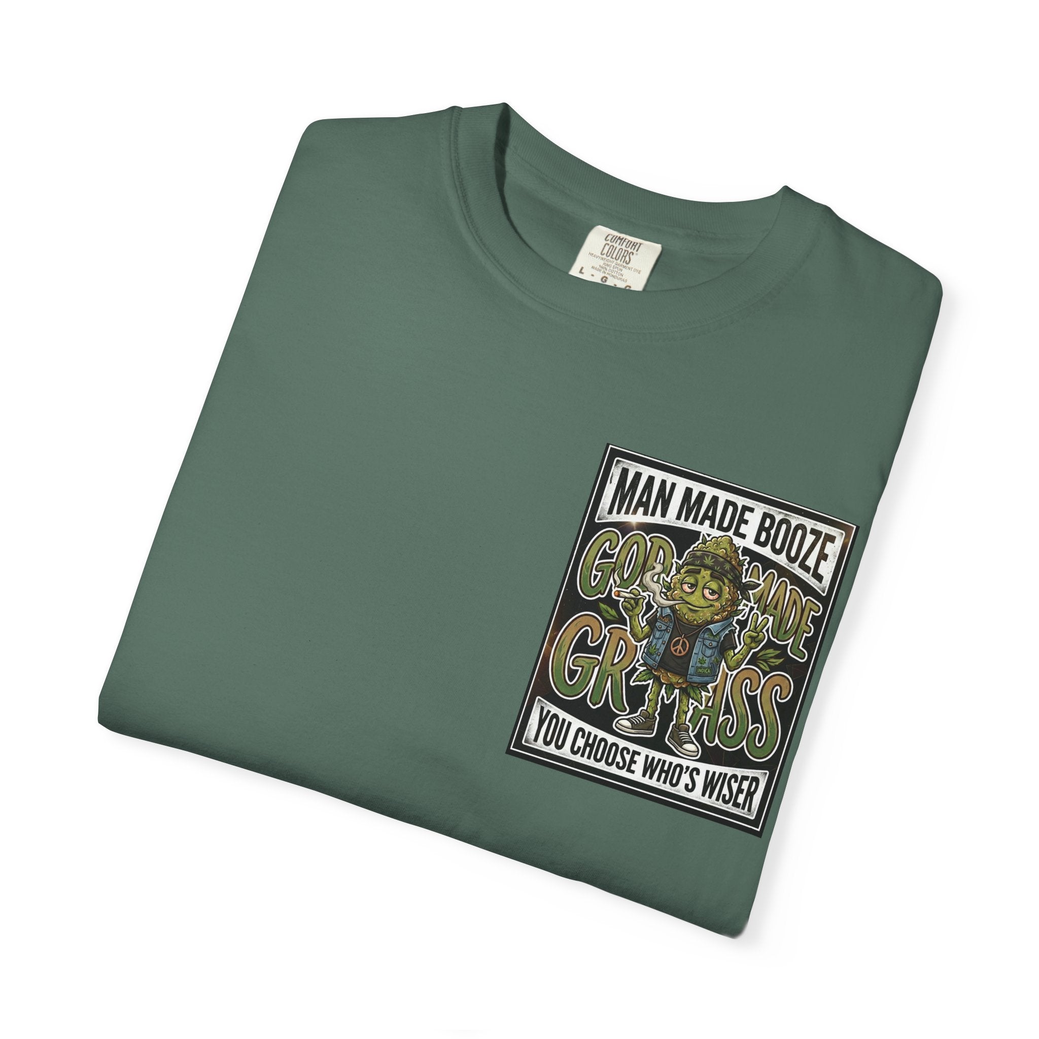 Man Made Booze God Made Grass Retro 1980s Biker Bud Graphic Tee