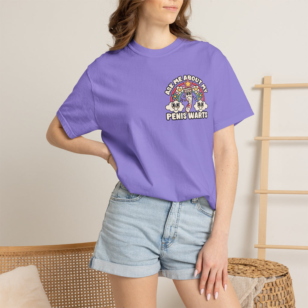 Adult Humor "Ask Me About My Penis Warts" Double-Sided Retro Tee