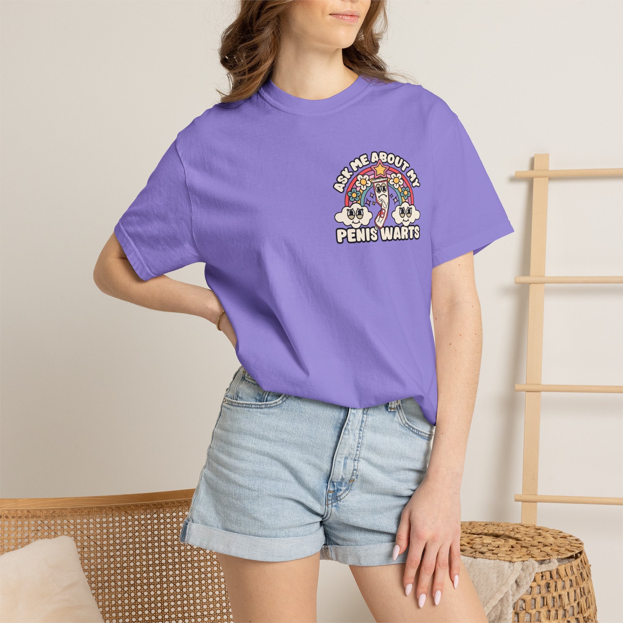 Adult Humor "Ask Me About My Penis Warts" Double-Sided Retro Tee