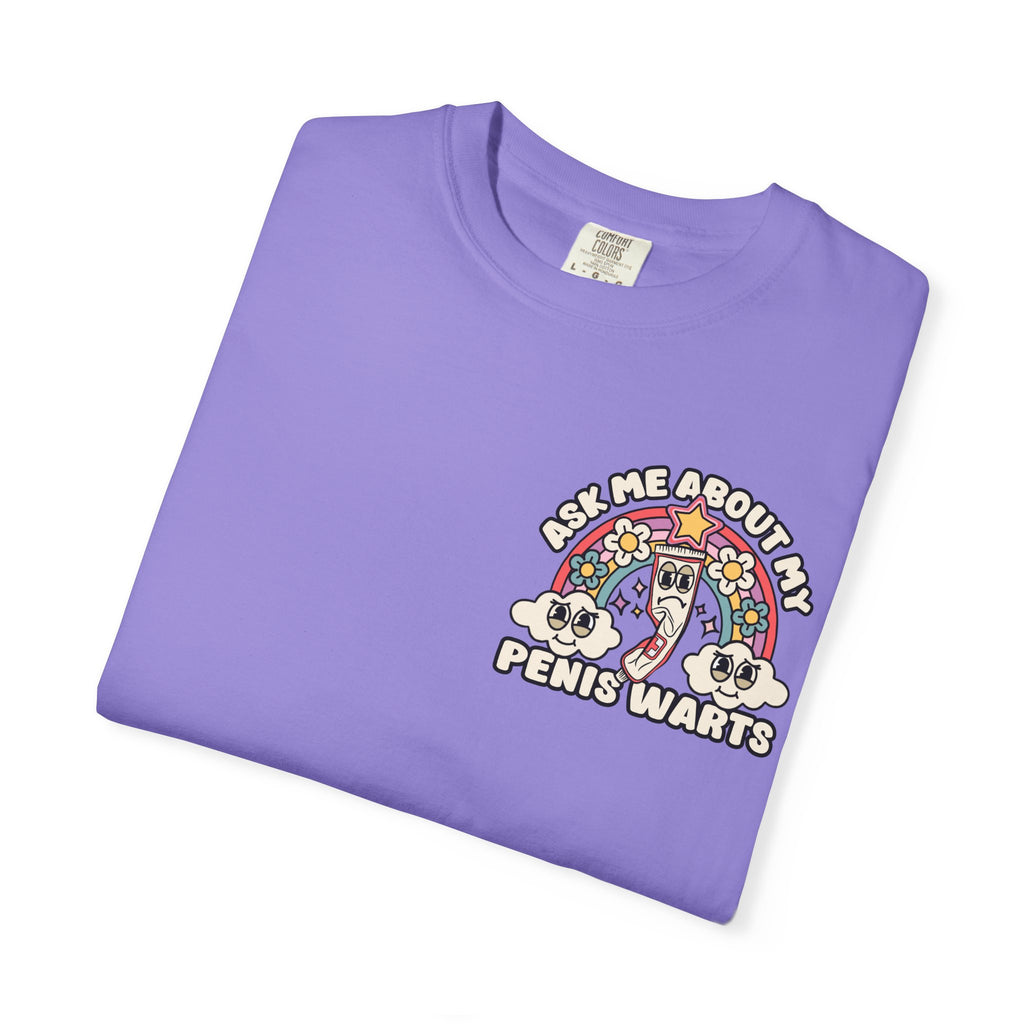 Adult Humor "Ask Me About My Penis Warts" Double-Sided Retro Tee