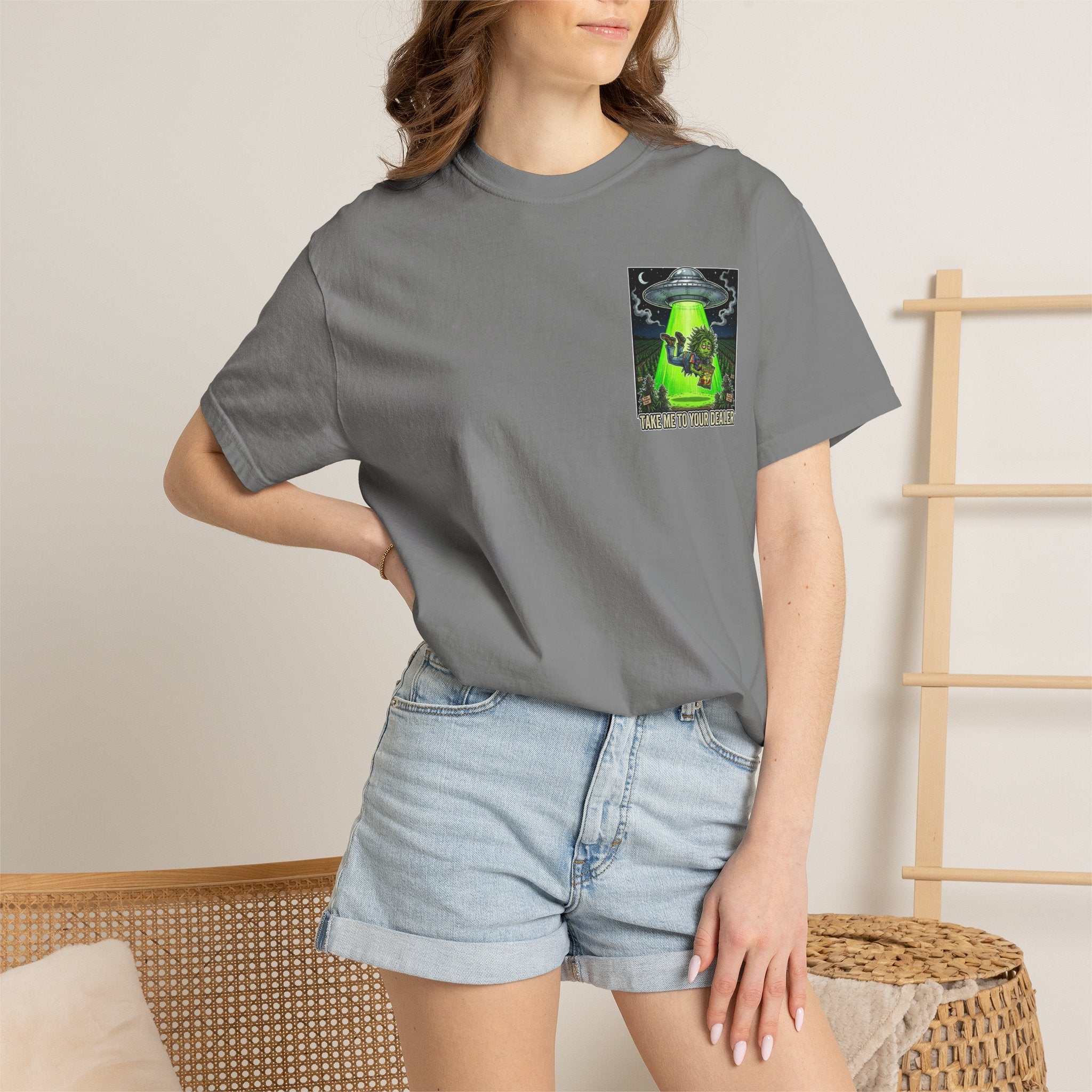 Take Me To Your Dealer - Retro Sci-Fi Cannabis Graphic Tee