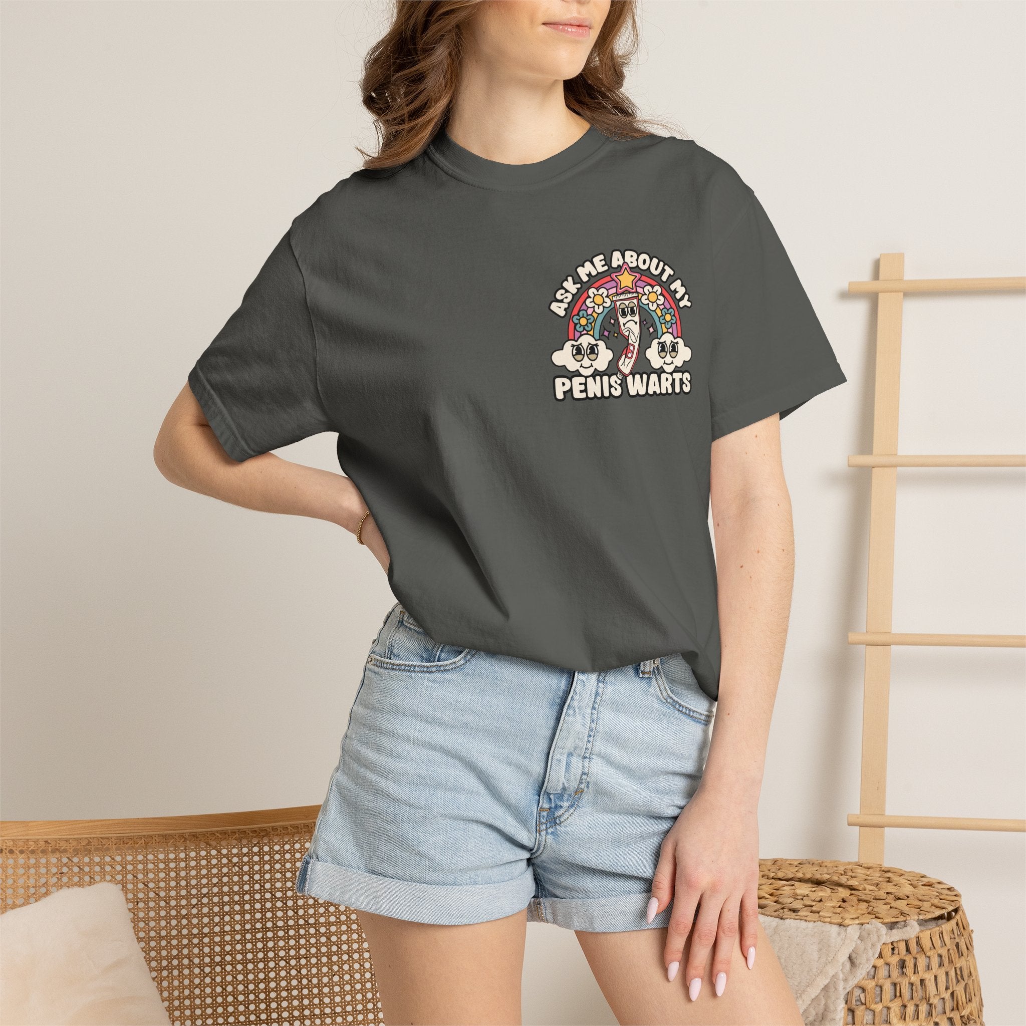 Adult Humor "Ask Me About My Penis Warts" Double-Sided Retro Tee