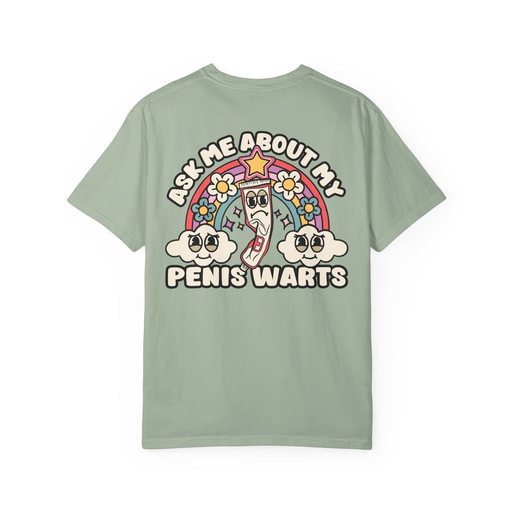 Adult Humor "Ask Me About My Penis Warts" Double-Sided Retro Tee