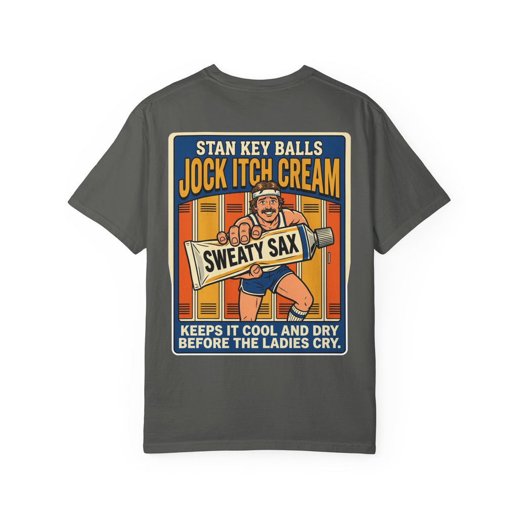 Funny Stan Key Balls Jock Itch Cream Shirt Sarcastic 1970s Retro Adult Humor Gym Gag Tee