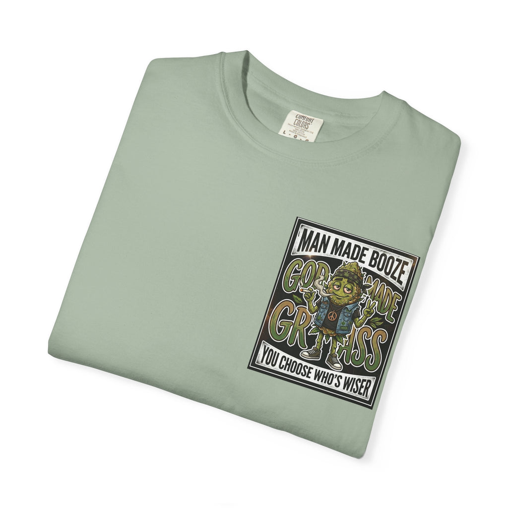 Man Made Booze God Made Grass Retro 1980s Biker Bud Graphic Tee