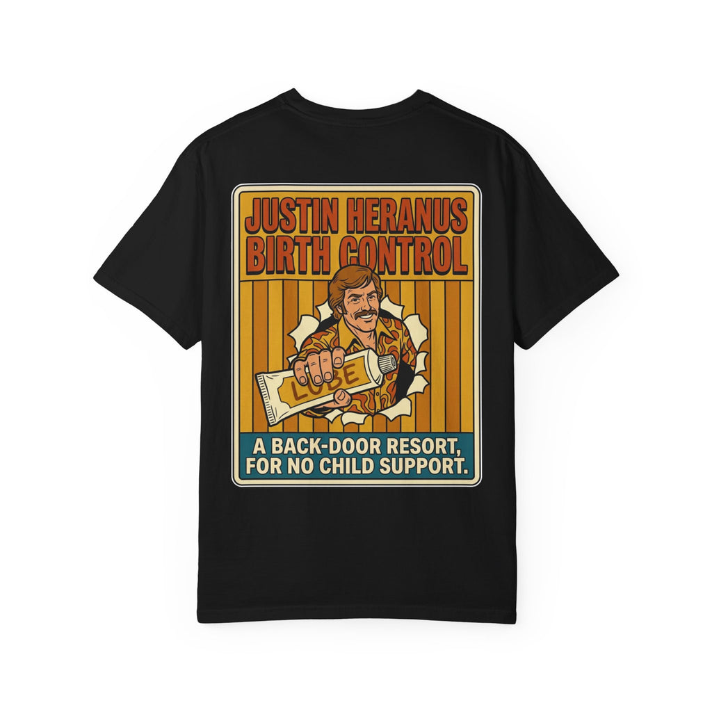 Funny Justin Heranus Birth Control Shirt Sarcastic 1970s Retro Adult Humor Lube Gag Tee