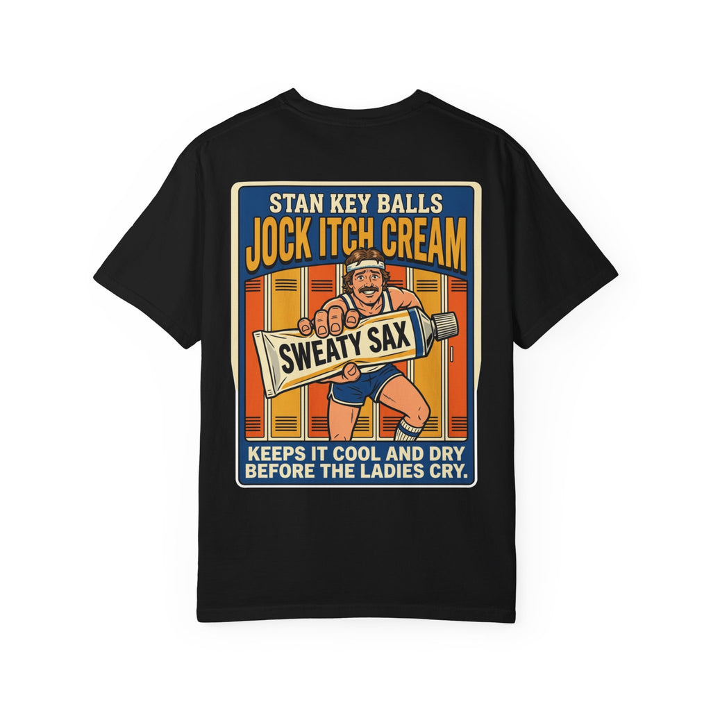 Funny Stan Key Balls Jock Itch Cream Shirt Sarcastic 1970s Retro Adult Humor Gym Gag Tee