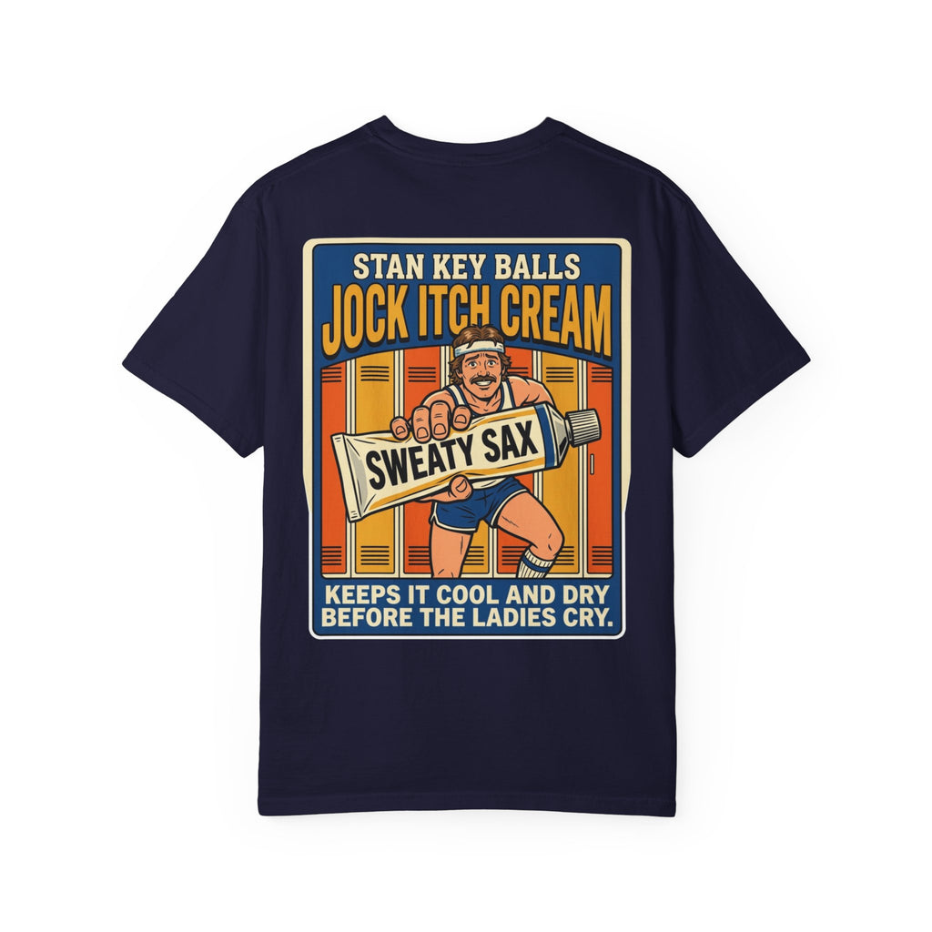 Funny Stan Key Balls Jock Itch Cream Shirt Sarcastic 1970s Retro Adult Humor Gym Gag Tee