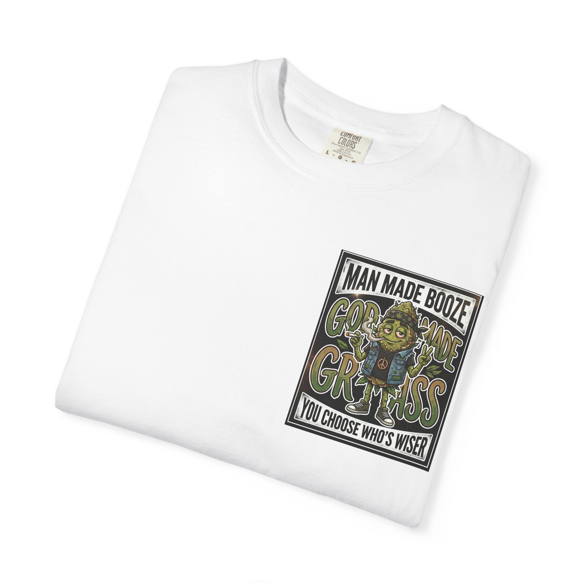 Man Made Booze God Made Grass Retro 1980s Biker Bud Graphic Tee