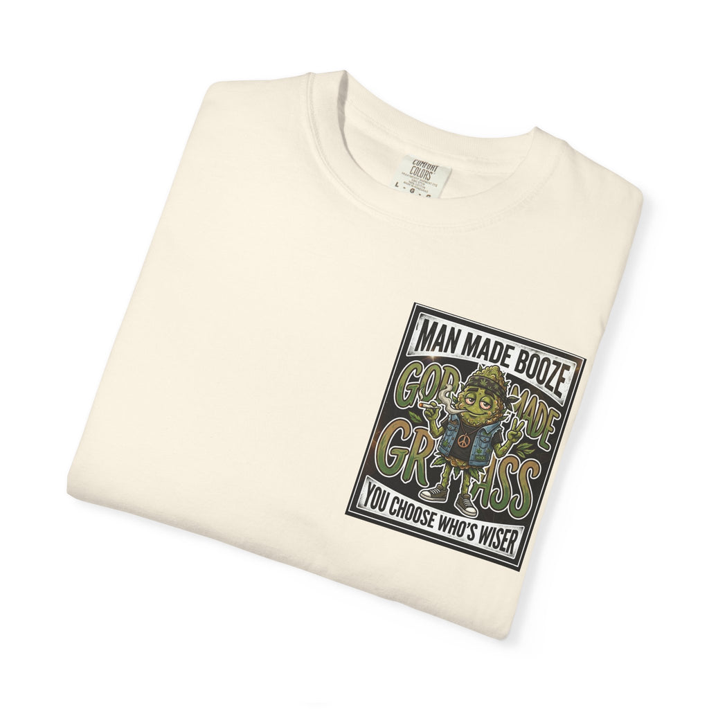 Man Made Booze God Made Grass Retro 1980s Biker Bud Graphic Tee