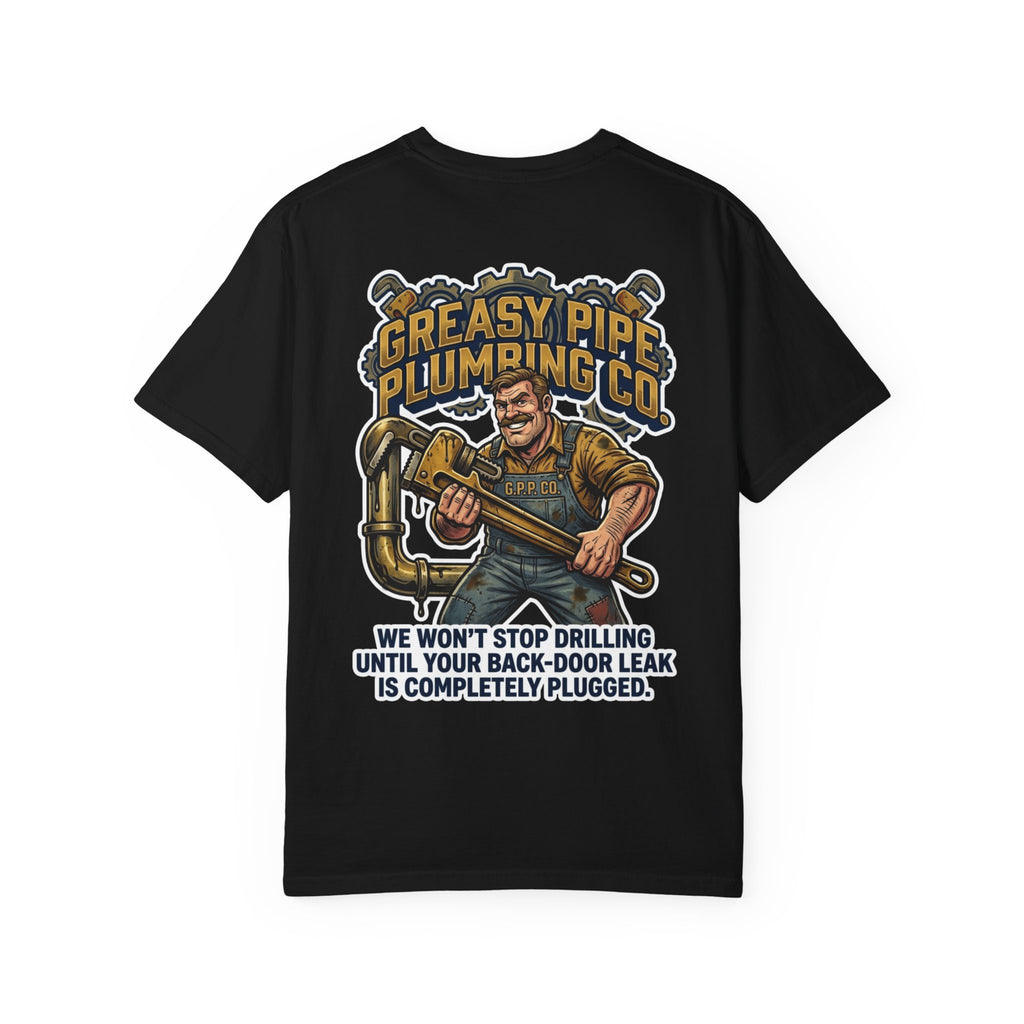 Greasy Pipe Plumbing Co Graphic T-Shirt - Retro Blue Collar Adult Humor Gift Tee