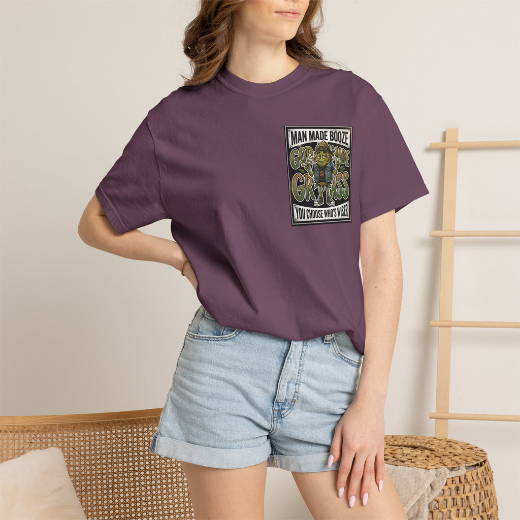 Man Made Booze God Made Grass Retro 1980s Biker Bud Graphic Tee