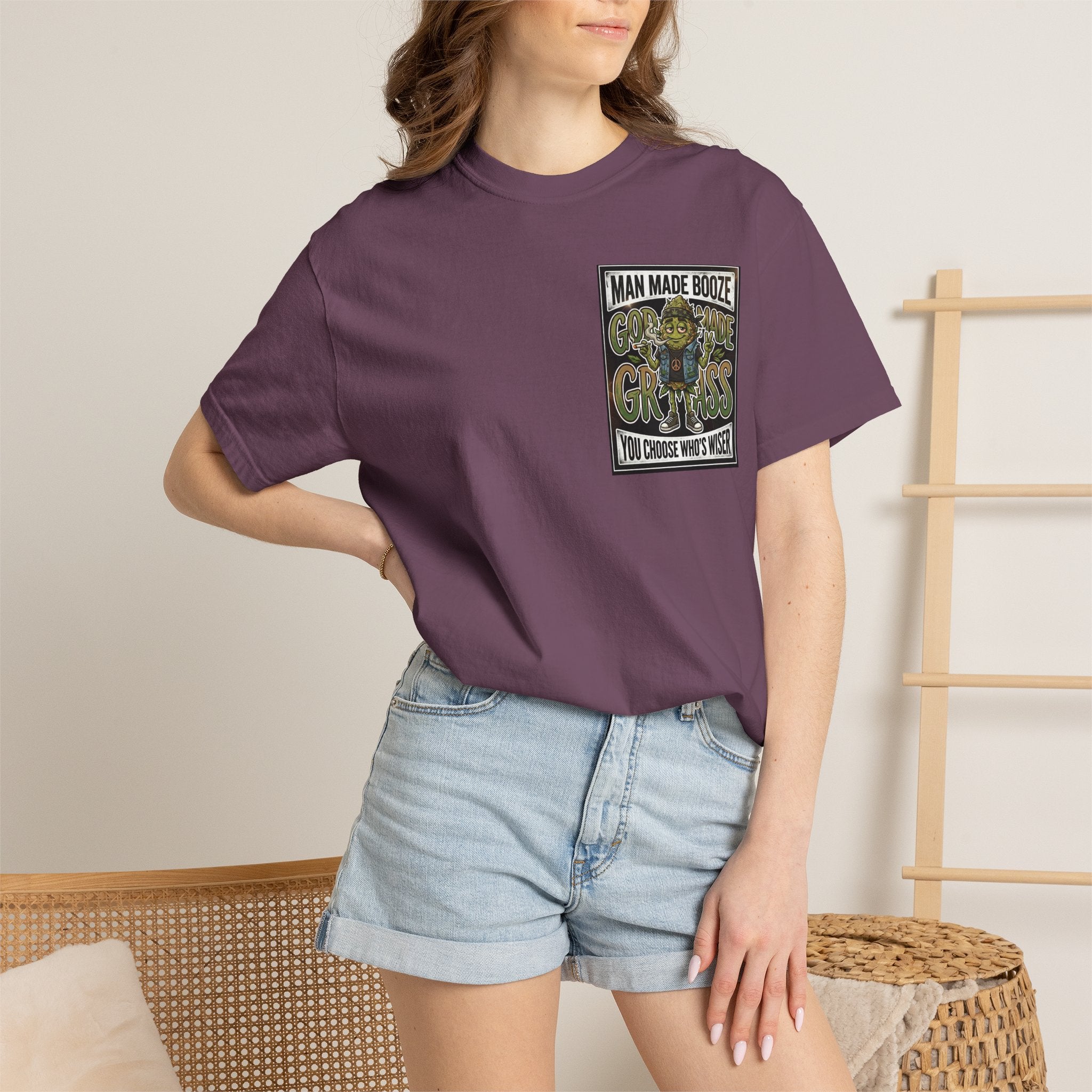 Man Made Booze God Made Grass Retro 1980s Biker Bud Graphic Tee