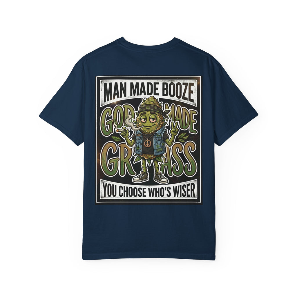 Man Made Booze God Made Grass Retro 1980s Biker Bud Graphic Tee