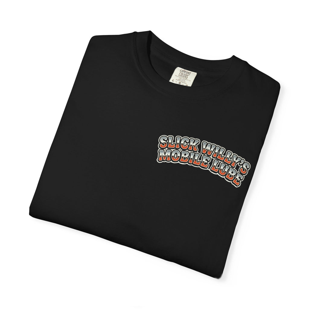 Slick Willy’s Mobile Lube Graphic T-Shirt - Edgy Retro Hot Rod Mechanic Gift Tee