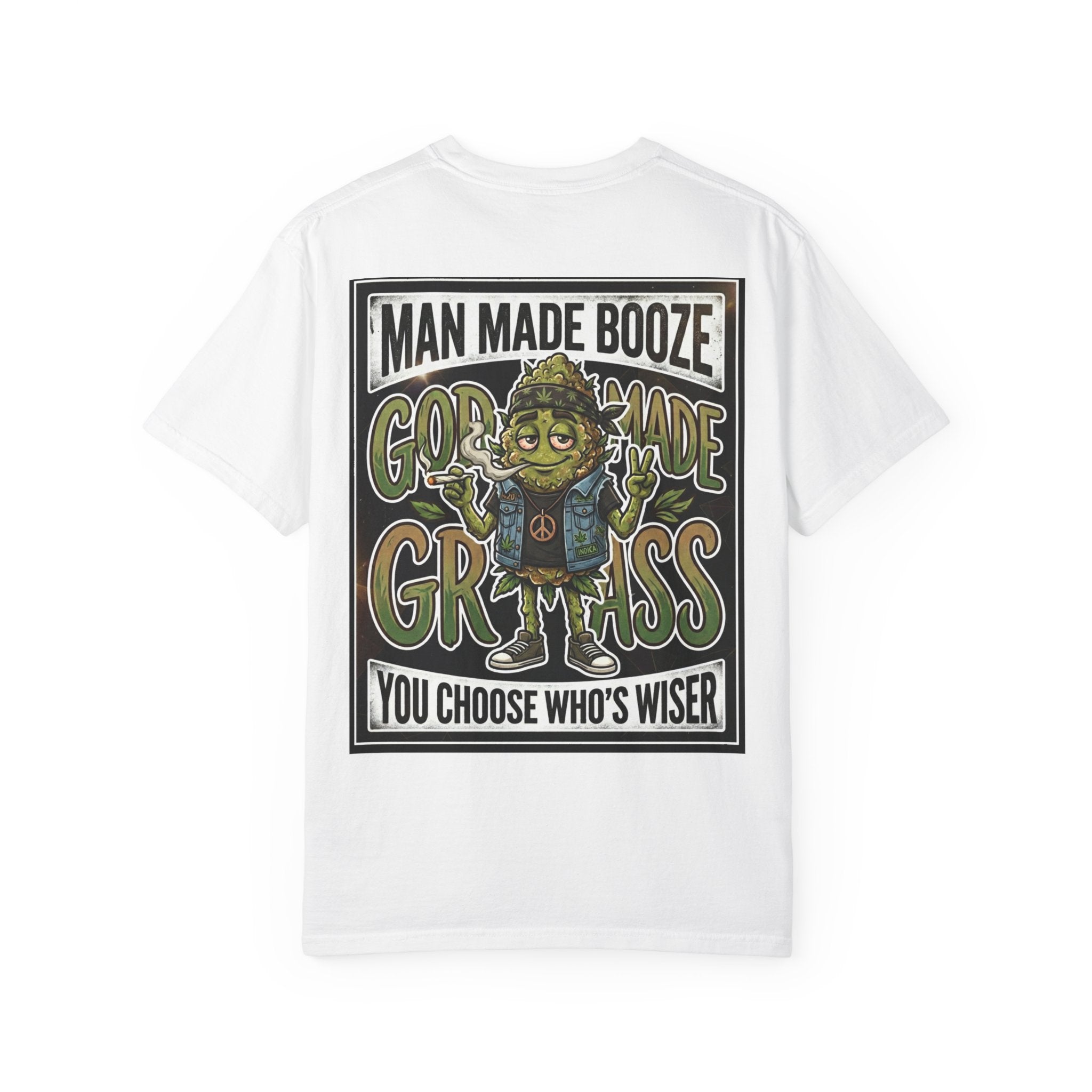 Man Made Booze God Made Grass Retro 1980s Biker Bud Graphic Tee