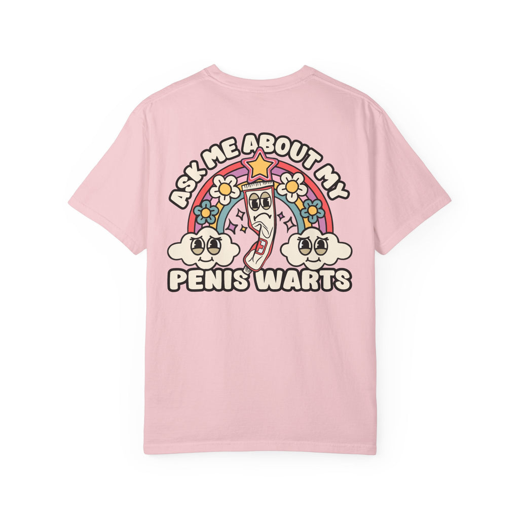 Adult Humor "Ask Me About My Penis Warts" Double-Sided Retro Tee