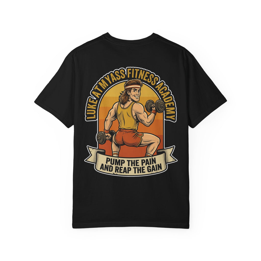 Funny Luke Atmyass Fitness Academy Shirt Sarcastic 1970s Retro Aerobics Workout Tee