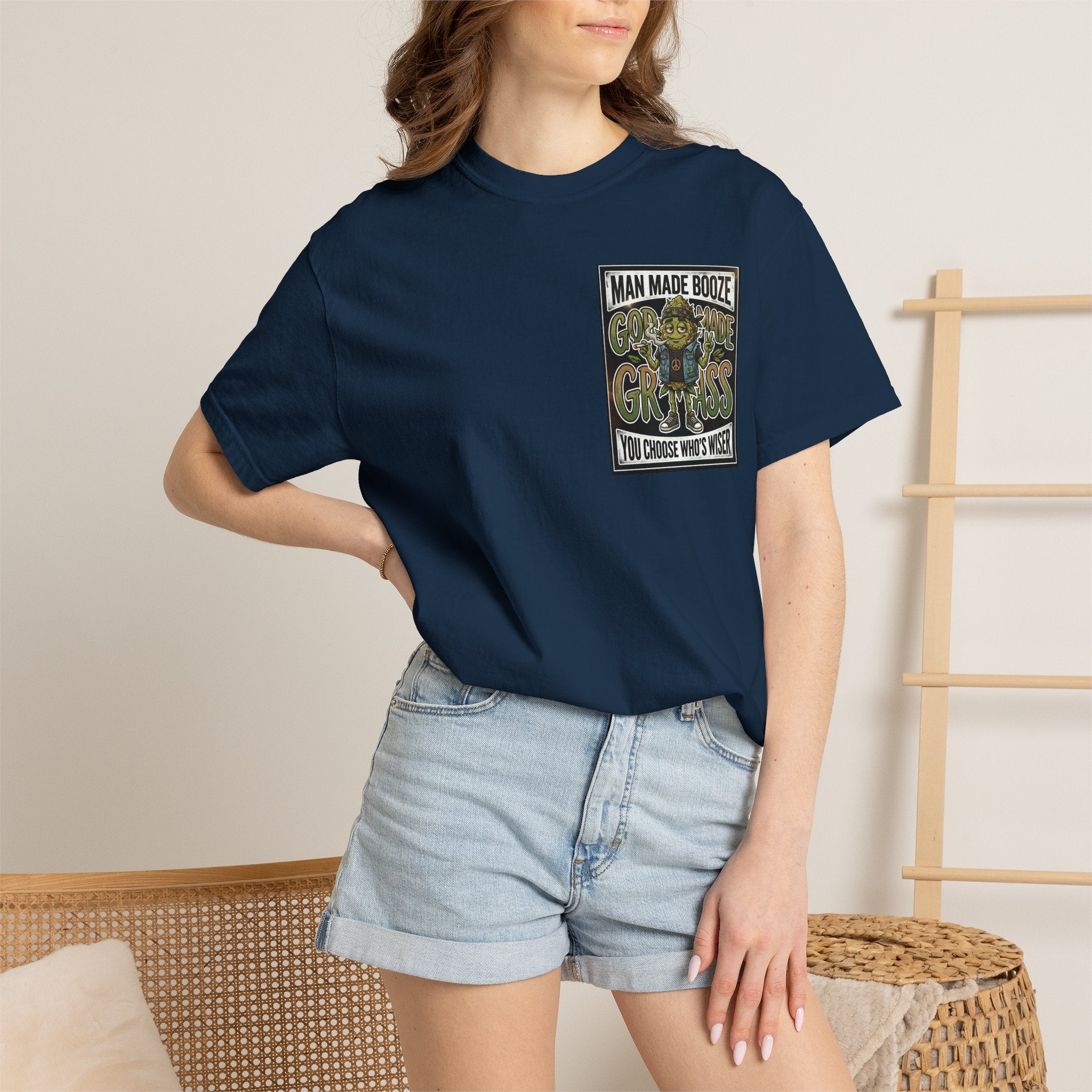 Man Made Booze God Made Grass Retro 1980s Biker Bud Graphic Tee