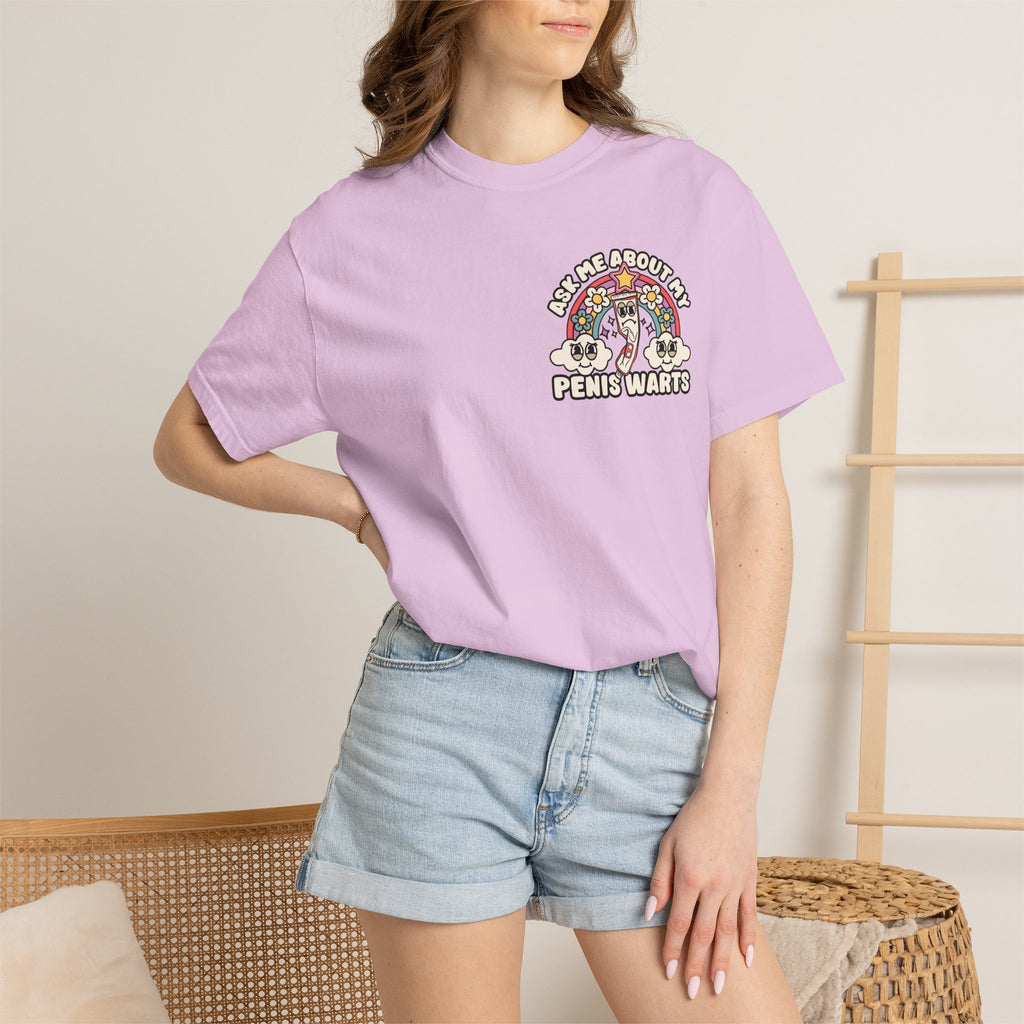 Adult Humor "Ask Me About My Penis Warts" Double-Sided Retro Tee